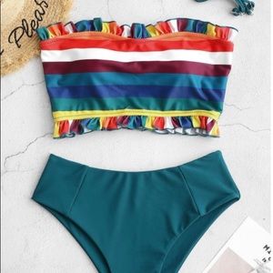 Frilled Rainbow Striped Bandeau Bikini XL